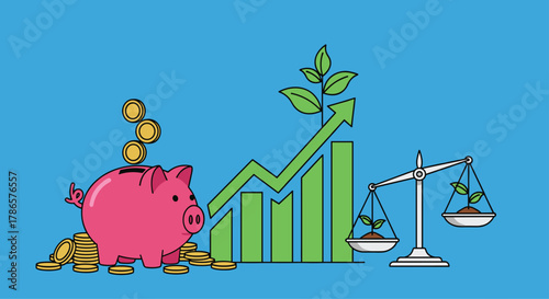 Grow your savings sustainably with balanced investments and watch your profits flourish with this vibrant, modern financial illustration