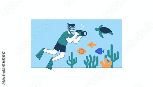 An underwater scene with a travel blogger snorkeling capturing vibrant marine life through a waterproof camera.