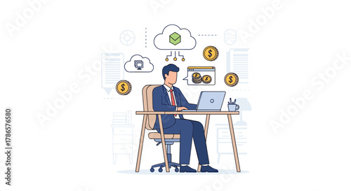 Professional businessman working on laptop for cloud based digital financial business success and growth, earning money easily online with modern tech