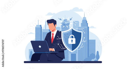 Secure online business with businessman and laptop protected by cybersecurity shield in modern city skyline backdrop, representing safety and trust