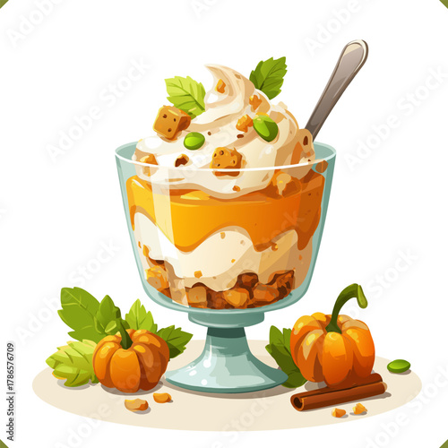Vector illustration of a layered pumpkin trifle dessert with whipped cream, granola, and mint leaves in a glass cup, isolated on a white background. Vector illustration of fruit autumn dessert