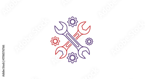 Striking wrench and gear design elements for engineering, maintenance, or mechanical concepts in a professional design presentation