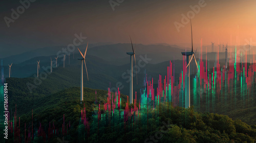 Drone view of wind turbines on lush green hills at sunset, with a digital overlay showing energy analytics