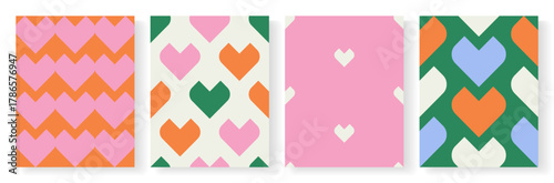 Set of seamless patterns designed in modern retro style containing graphical objects ( pixel hearts ) and bright joyful winter color palette. Looks minimalist, fresh and interesting.