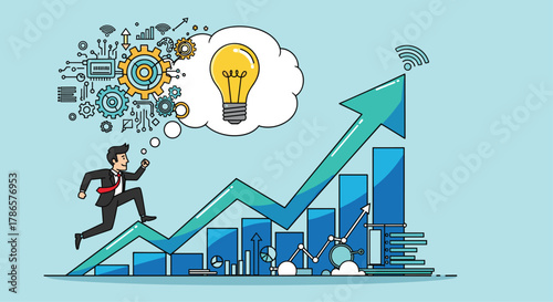 Dynamic businessman pursues innovative solutions and climbs to success with data insights in vibrant, modern business concept illustration