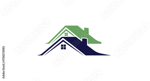 Modern real estate logo showcasing eco-friendly design and sustainable homes for sale, green roof and a blue roof on a white background