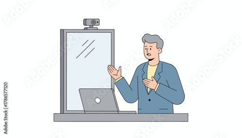 A scene of a candidate practicing responses in front of a mirror preparing for a video interview.