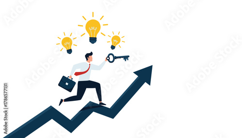 Unlock your business potential with a dynamic leader running on an upward trendline under bright ideas showing growth and success