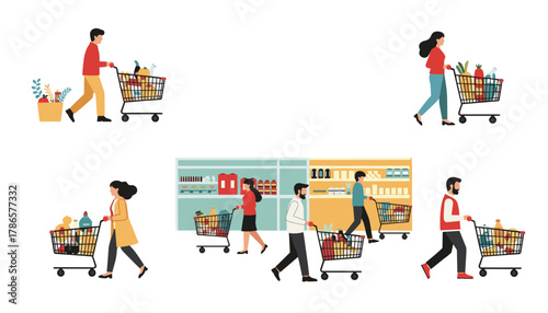 Diverse shoppers with full carts navigating modern supermarket aisles, representing everyday commerce and consumer activity