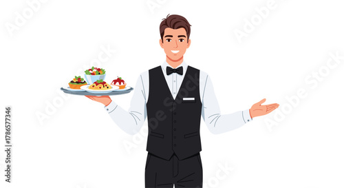 Friendly waiter presenting a delicious tray of food with a welcoming gesture, perfect for hospitality marketing