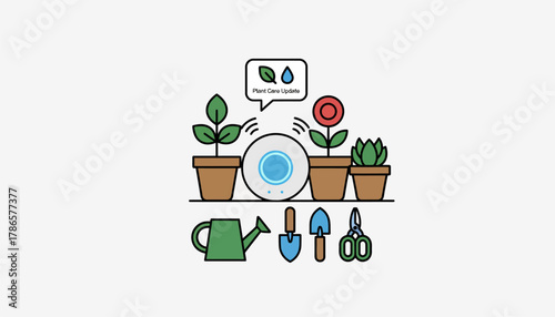 A smart garden where a voice assistant provides updates on plant care with various pots and gardening tools visible.