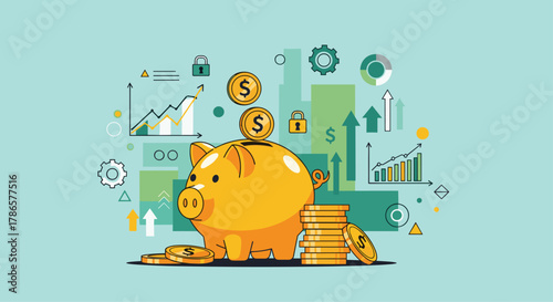 Bright piggy bank brimming with coins symbolizes financial growth, secure investments, and successful business strategies