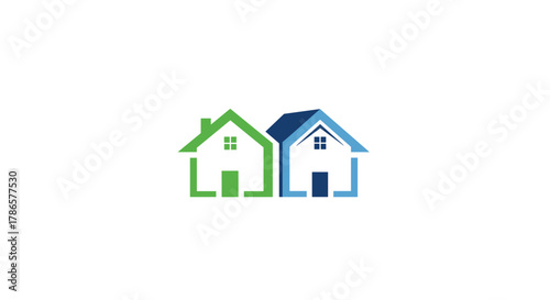 Modern twin house logos symbolizing partnership, real estate, and shared living spaces with vibrant green and blue designs