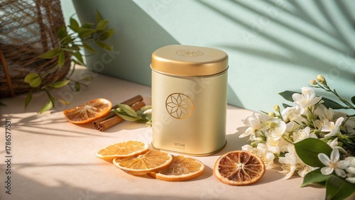 Golden Tea Tin with Citrus Slices and Floral Design