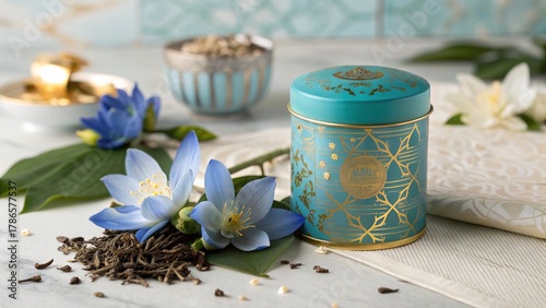 Elegant Herbal Tea Packaging Surrounded by Lotus and Loose Leaves