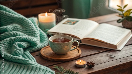 Relaxing Indoor Setup with Book, Tea and Greenery