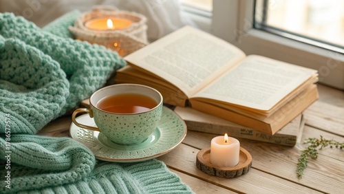 Cozy Reading Moment with Tea, Candles and Blanket
