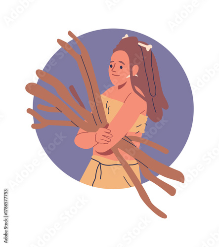 Cavegirl gathering firewood round frame