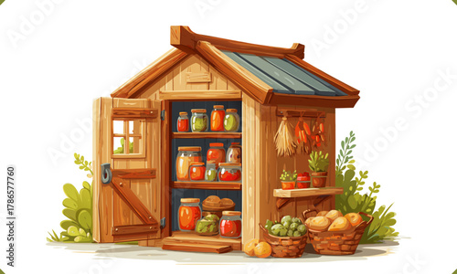 Vector illustration of small wooden food storage with jars of preserves and baskets of potatoes, isolated on white background