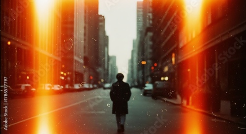 Cinematic Street Photography with Film Burn Effect Lonely Man Walking in City Urban Retro Mood  
