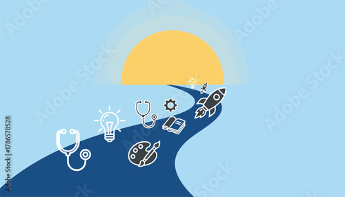 A pathway leading to a bright horizon with icons representing different career fields illustrating the journey and future possibilities.