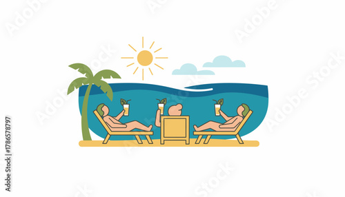 Passengers lounging on deck chairs sipping tropical drinks while enjoying the warm sun and ocean breeze.