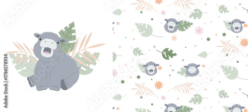 Cute hippopotamus with decorative leaves and flowers.