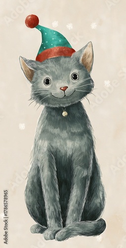 Cute Gray Cat Wearing a Christmas Elf Hat with Snowflakes on Beige Background