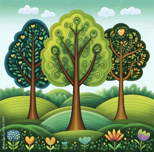 Whimsical Fantasy Landscape with Stylized Trees, Flowers, and Rolling Hills