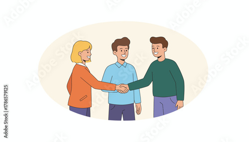 A guest speaker being welcomed into the studio with friendly handshakes and friendly smiles reflecting a warm inviting atmosphere.