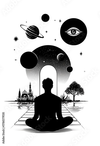Spiritual Meditation and Cosmic Journey Vector Illustration in Black and White