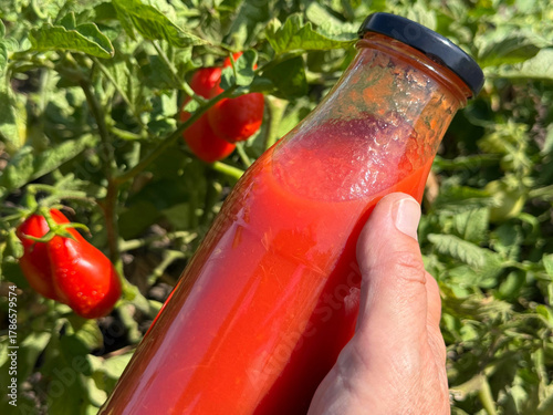 Hand holding bottle of tomato juice.