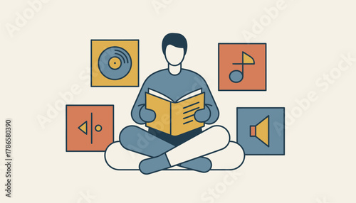 A reflective moment showing a music lover sitting in a library surrounded by album covers deeply immersed in reading the stories behind the music.