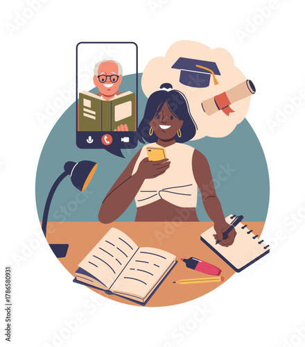 Student using smartphone studying online