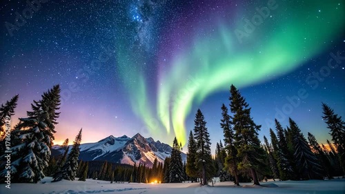 Breathtaking Aurora Borealis Lights Over Snowy Mountain Landscape