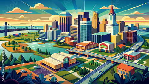 Very beautiful bird’s-eye view of Baton Rouge, Louisiana, USA, featuring the Mississippi River, city skyline, downtown buildings, and a realistic vibrant urban landscape from above.