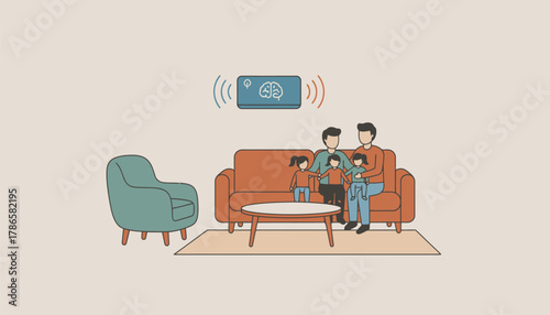 A family room featuring a climate control system that learns occupant habits to optimize heating and cooling.