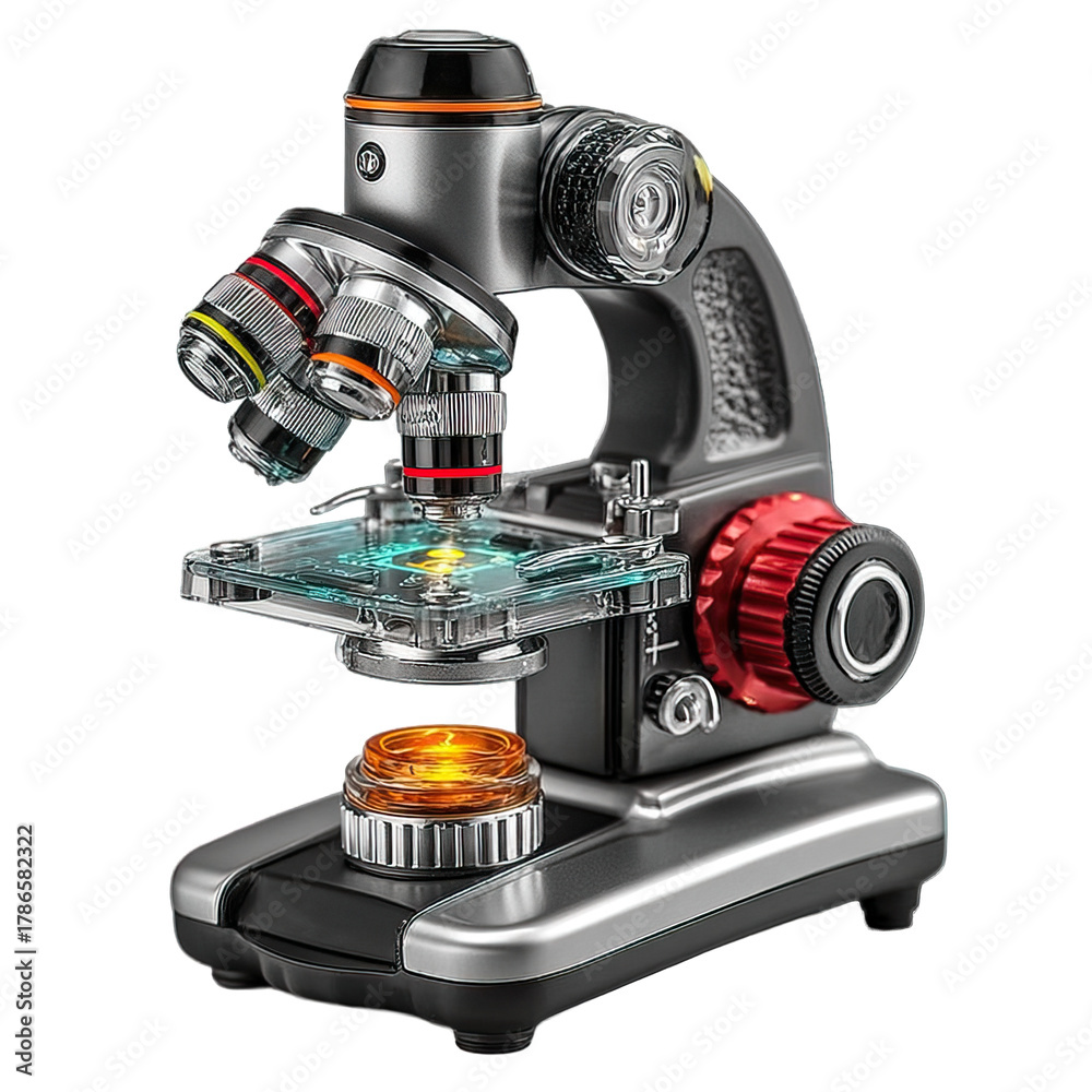 Fototapeta premium Modern laboratory microscope isolated on transparent background, generative ai