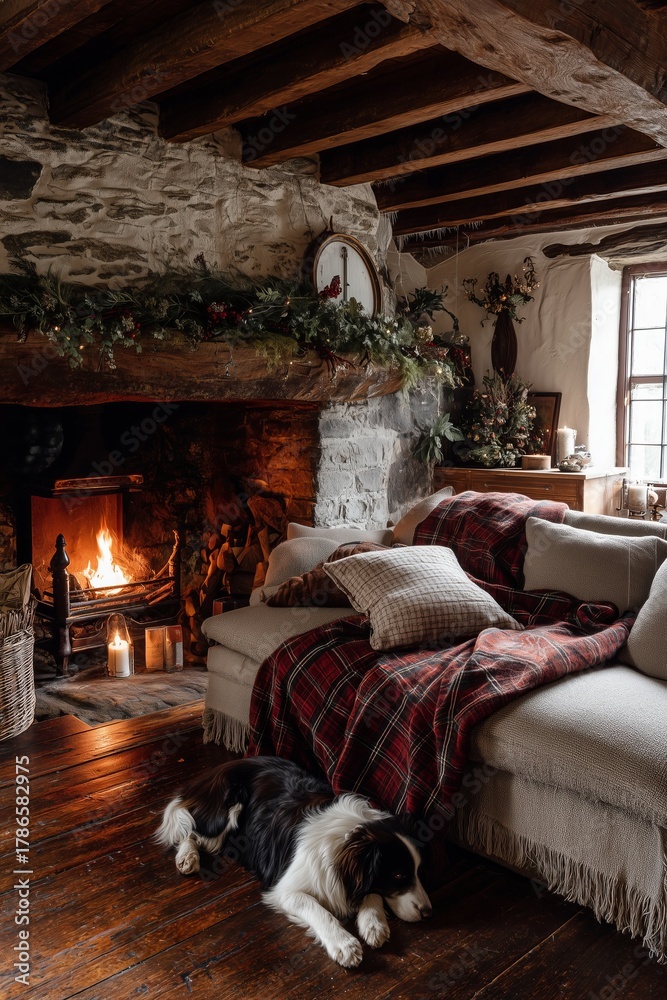 Naklejka premium Cozy rustic living room with burning fireplace, soft sofa and sleeping dog on wooden floor. Peaceful winter evening in warm, quiet holiday home.