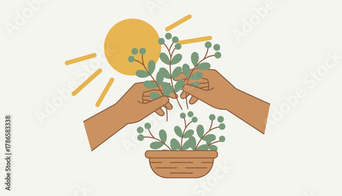 A pair of hands harvesting herbs under the sunlight showcasing the process of gathering ingredients for natural remedies.