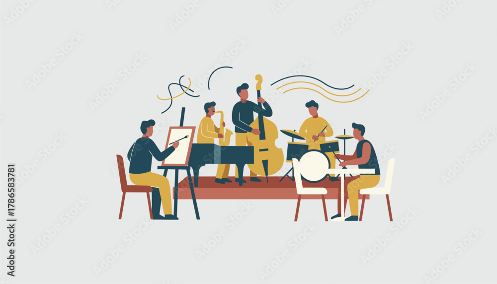 Fototapeta premium An artist painting the scene of a jazz quartet performing in an intimate venue capturing the essence of live music.