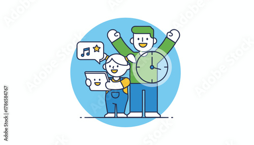 A whimsical image of a child creating a video blog with a parent cheering them on showcasing the balance between creative expression and digital awareness.