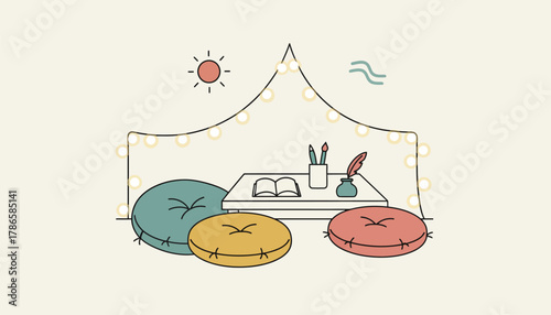 An imaginative journaling space set up with cushions fairy lights and art supplies inspiring creativity and reflection.