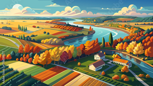 Very beautiful aerial view of the Mississippi River and surrounding farm fields in northern Minnesota, USA, on a bright autumn morning, featuring colorful fall foliage and a realistic rural landscape.
