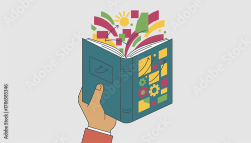 A hand flipping through pages of a journal filled with sketches collages and vibrant colors that convey personal growth.