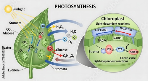 Detailed scientific diagram illustrating the complex process of photosynthesis within a leaf and chloroplast, showing energy conversion and chemical reactions.