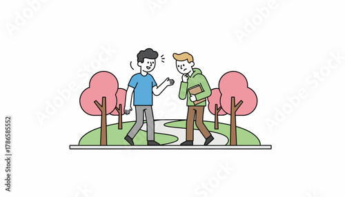 A duo of students engaged in a friendly debate while walking up a campus path lined with blooming trees.