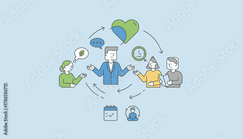 A dynamic discussion between a manager and employees about mental health days and stress management resources fostering a supportive work environment.