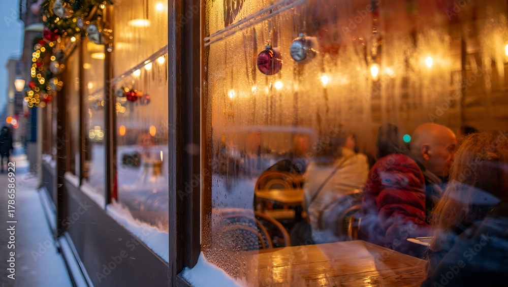Obraz premium Cozy Coffee Shop Window with Steamed Glass and Warm Holiday Glow