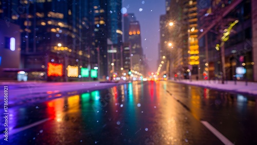 Sparkling Urban Winter Night with Rain-Soaked Streets and Holiday Glow
